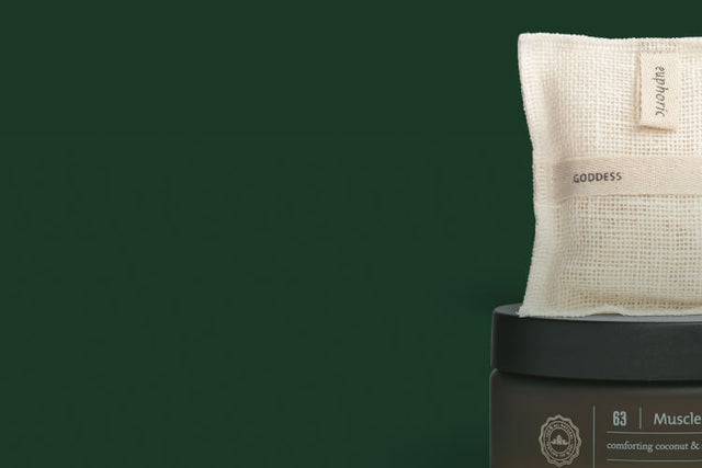 A Jute & Joy Wash Pad and Body Butter arranged against a dark green background.