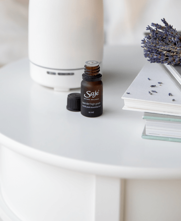 A selection of Saje diffuser blend kits lined up.