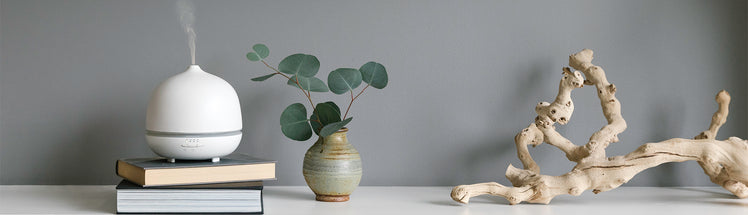 Aroma Breeze diffuser placed on a stack of books placed with greenery