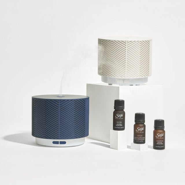 Vanilla and Denim Aroma Nook ultrasonic diffusers with 3 Saje diffuser blends