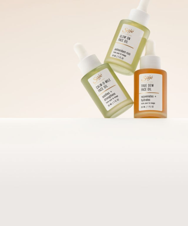 Saje skincare face oils on a neutral background. Buy 2+, save 20% off.