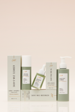A Saje Calm-O-Mile skincare collection featuring a cleanser, moisturizer and face oil.