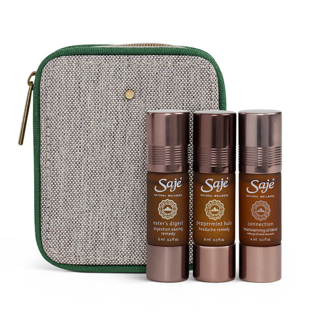 Eater's digest roll-on, peppermint halo roll-on and connection roll-on with travel pouch