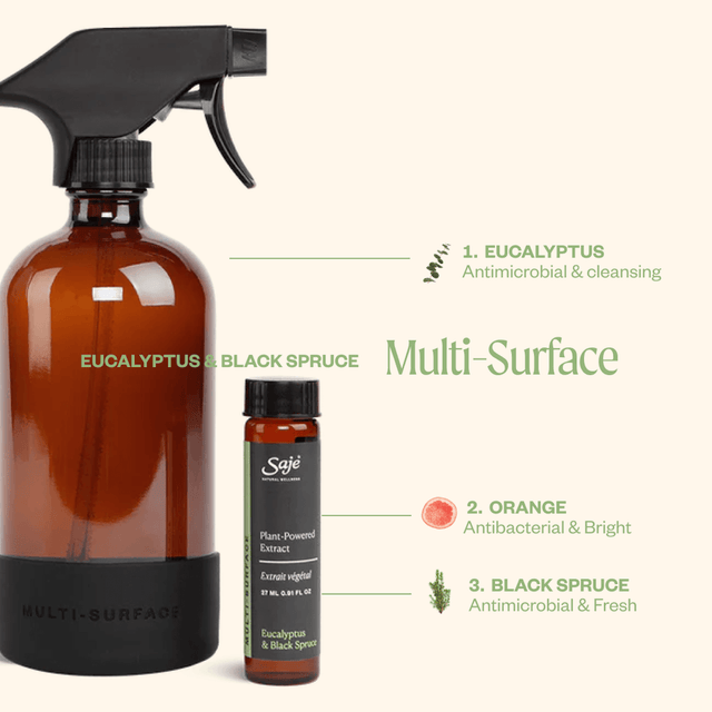 Multi-surface cleaning kit against a beige background with text highlighting the key ingredients