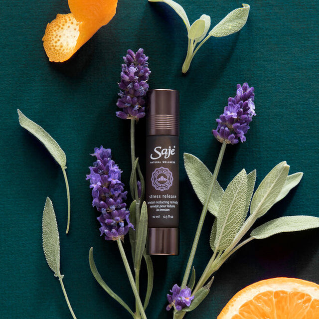 Stress Release ingredients around the bottle, clary sage, lavender buds and orange peels