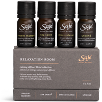 4 x 5ml Saje Relaxation Room diffuser blend collection sitting on a box.
