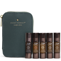 Saje Pocket Farmacy Mindful Edition with five natural roll-on remedies beside a zipped pouch.