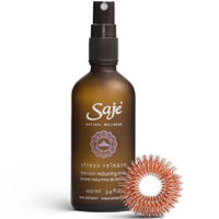A 100 ml | 3.4 fl oz. Saje Stress Release mist and a Relax-O-Ring massage ring.