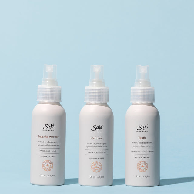 Saje deodorant spray bottles in 3 scents: Goddess, Peaceful Warrior, Exotic