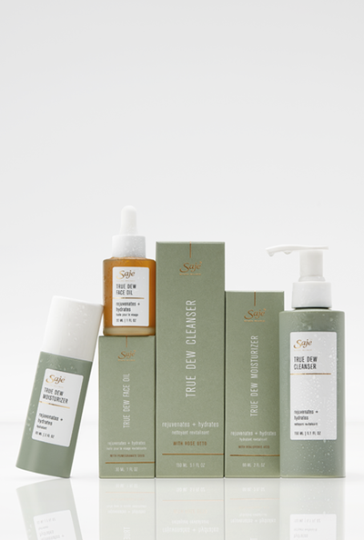 A Saje Claritea skincare collection featuring a cleanser, toner and moisturizer.